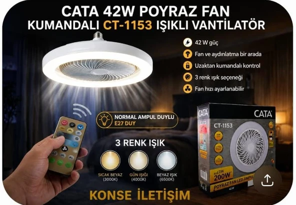 Cata CT-1153 Poyraz Fanlı 42 Watt LED Ampul Lamba Beyaz Işık Vantilatör Aydınlatma E27 3 Renk Dim Edilebilir ürün görseli 1