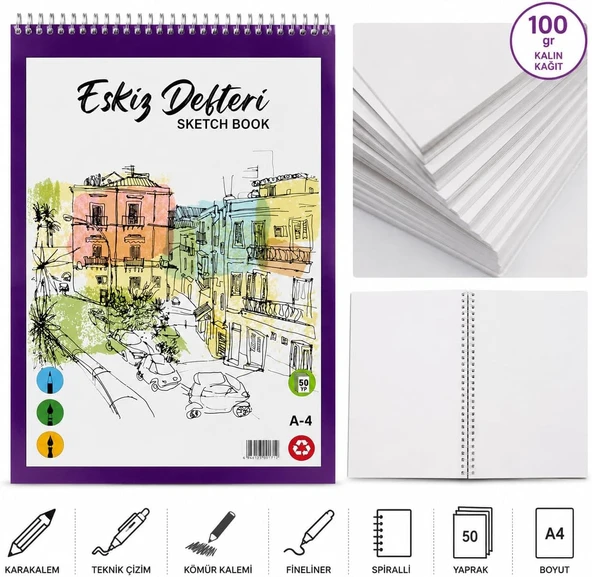 Lona Lucy A4 Spiralli Eskiz Defteri, 100 Gr/M² Kalın Kağıt, 50 Yaprak, Çizgisiz, Karakalem Teknik Çizim Için, 21X29.7 Santimetre ürün görseli 1