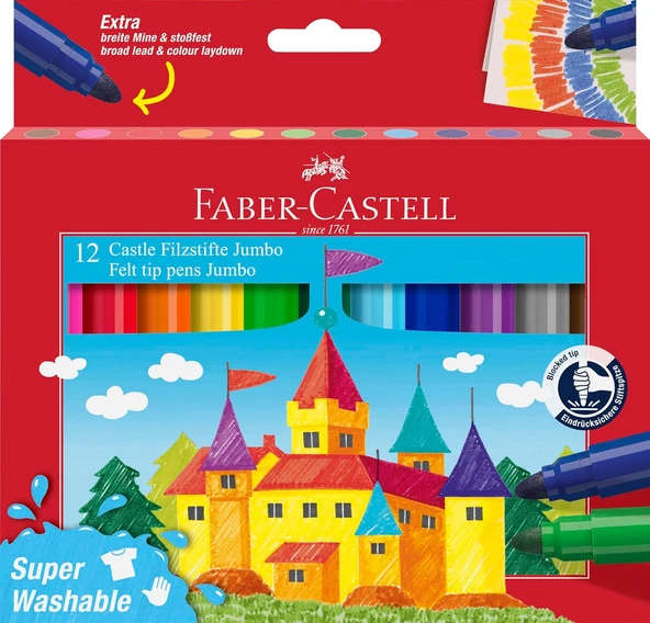 Faber-Castell Keçeli Kalem Seti, 12 Renk, Geniş Yuvarlak Uç, Yıkanabilir Su Bazlı Mürekkep, Baskıya Dayanıklı Uç ürün görseli 1