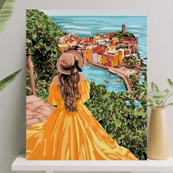 Palmiye Hobi Sanat Sayılarla Boyama Tuval Seti Fırça Boya Dahil (Çıtalı) 40X50 Cm - Sarı Elbiseli Kız ürün görseli 1