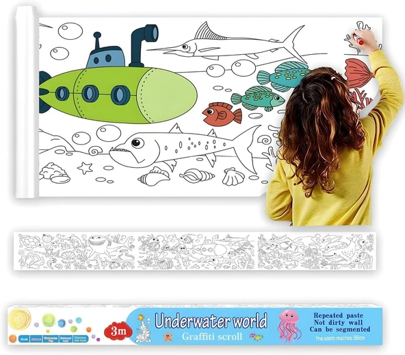 Aputue Çocukların Sanat Eserleri, 300X38Cm Yapışkanlı Boyama Rulosu, Okyanus Temalı Eğitici Aktivite Kağıdı, Duvar Için Kolay Sökülebilir Büyük Rulo, Erkek Kız Çocuklar Için Yeni Hediye ürün görseli 1