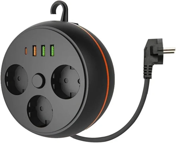 3 Adet Soket3 Adet Usb 1 Adet Type-C Girişli Termal Akım Korumalı Makaralı Priz ürün görseli 1