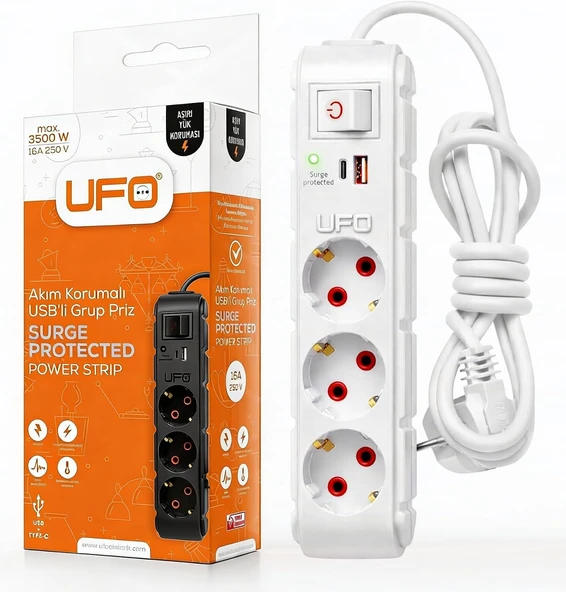 Ufo Yeni 3Lü Akım Korumalı Grup Priz 1,5 Metre Bakır Kablolu, 5V 2,4A Usb Type-C Ile Şarj, Anahtarlı Topraklı Priz, Sürekli Koruma, 16A 250V, 3500W Aşırı Yük Koruması, 1,5M. Beyaz Renk ürün görseli 1