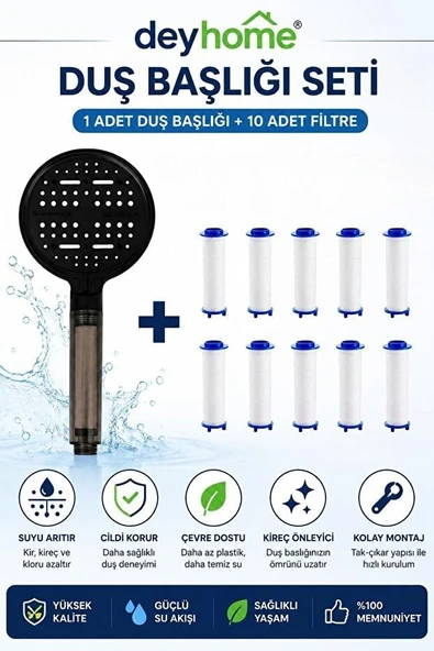 6 Fonksiyonlu Filtreli Duş Başlığı – Basınç Artırıcı Çok Modlu Duş Sistemi + 10 Adet Yedek Filtre | Kireç Önleyici Su Tasarruflu Duş Başlığı Seti (Siyah) ürün görseli 1