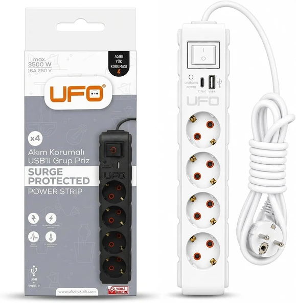 Ufo Yeni 4Lü Akım Korumalı Grup Priz 5 Metre Bakır Kablolu, 5V 2,4A Usb Type-C Ile Şarj, Anahtarlı Topraklı Priz, Sürekli Koruma, 16A 250V, 3500W Aşırı Yük Koruması, 5M. Beyaz Renk ürün görseli 1
