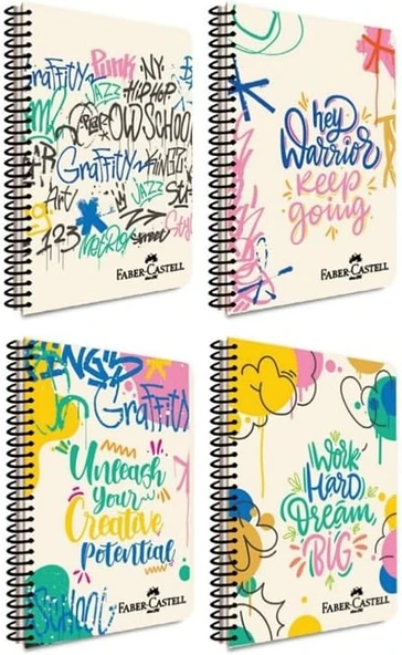 Faber-Castell Grafiti Desenli Spiralli Defter, A4, 80 Yaprak, 70G Kağıt, Çizgili, Dayanıklı Kapak, Kolay Açılan Spiral Cilt, Asorti Renkler ürün görseli 1