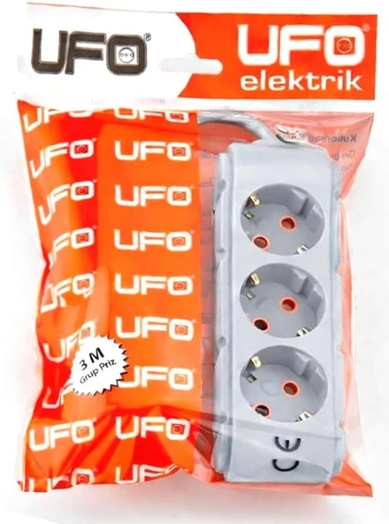 Ufo 3Lü 3 Metre Kablolu Topraklı Grup Priz, 16A 250V, Üçlü Uzatma Kablosu Gri Renk ürün görseli 1