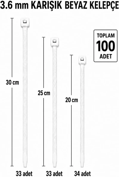 Kablo Bağı Seti, 100 Adet, Naylon, Karışık Boy (20 Cm, 25 Cm, 30 Cm), 3.6 Mm, Kablo Düzenleme Sabitleme (Beyaz 3.6) ürün görseli 1