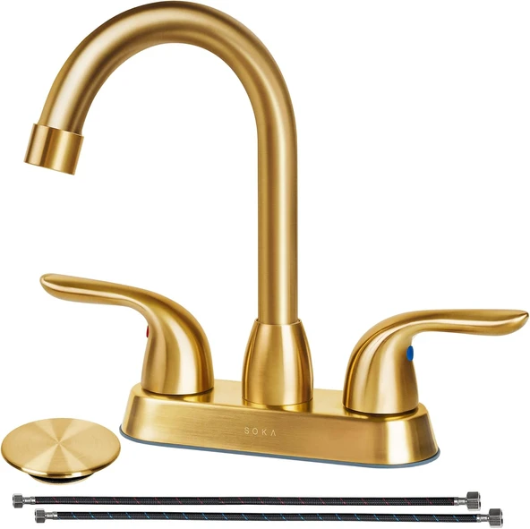 Soka 2 Kulplu Banyo Bataryası Altın, 10 Cm Altın Banyo Lavabo Bataryası Kaldırma Çubuğu Tahliye Durdurucu Besleme Hortumları Ile, Rv Banyo Bataryası 3 Delikli, Fırçalanmış Altın Banyo Bataryası ürün görseli 1