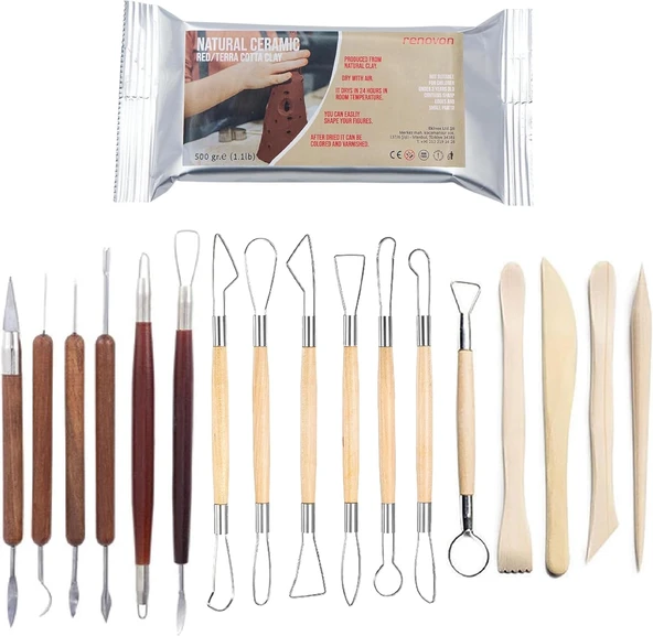 Hava Ile Kuruyan Terra Cotta Seramik Kil 500 Gr + 17 Parça Şekillendirme Alet Seti | Pişmeyen Kırmızı Doğal Kil ürün görseli 1