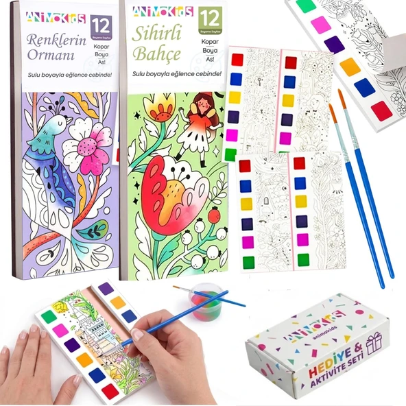 Animokids Sulu Boya Defteri Seti (2 Kitap + 2 Fırça) - Kendin Yap Kitap Ayracı, Her Sayfada Entegre Boya Paleti - Çocuklar Yetişkinler İçin Hediye Aktivite Seti (Renklerin Ormanı-Sihirli Bahçe) ürün görseli 1