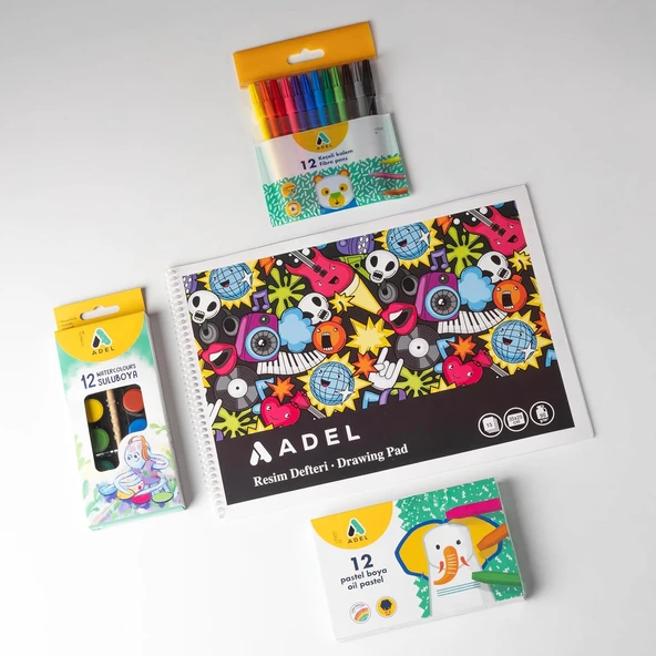 Adel 4’Lü Boyama Seti + Resim Defteri 25X35, 12 Renk, Keçeli Kalem, Kuru,Pastel Sulu Boya, Fırça Dahil ürün görseli 1