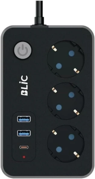 Blic Strip Power Akıllı Çocuk Korumalı Priz, 3 Soket, 2 Usb, 1 Type-C, Termal Koruma, 2500W, 10A, 2M Kablo ürün görseli 1