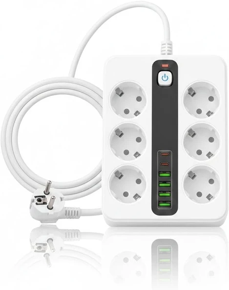 6'Li Grup Priz 4Xusb 2Xtype-C Çıkışlı Isıya Dayanıklı Power Tuşlu 2 Mt Kablolu Priz Çoğaltıcı ürün görseli 1