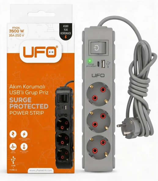 Ufo Yeni 3Lü Akım Korumalı Grup Priz 5 Metre Bakır Kablolu, 5V 2,4A Usb Type-C Ile Şarj, Anahtarlı Topraklı Priz, Sürekli Koruma, 16A 250V, 3500W Aşırı Yük Koruması, 5M. Gri Renk ürün görseli 1
