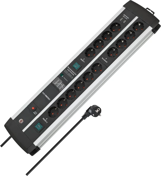 Brennenstuhl Protect-Line Oyun Prizi Çubuğu, 14 Bölmeli, 2 X Şalterli Aşırı Gerilim Korumalı (3 M Kablo, 2 Bölmeli Usb 3,1 A, Made In Germany) ürün görseli 1