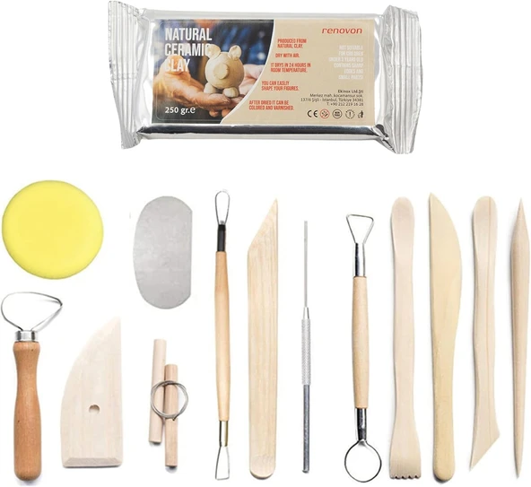 Hava Ile Kuruyan Doğal Seramik Kil + Ebeşuar (Şekillendirme) Seti | Pişmeyen Heykel Hobi Çömlek 13 Parçalı Seramik Aleti Seti Çocuk Yetişkin El Sanatı Model Yapımı 250 Gr Beyaz Kil Ile ürün görseli 1