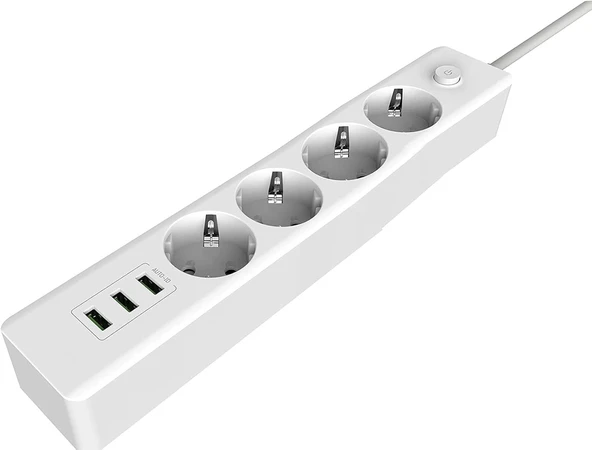 Coverzone Uzatma Kablosu Güç Şarj 2 Metre Kablo Uzunluğu Çok Amaçlı Uazatma Fiş 4 Adet Priz 3 Adet Usb Çıkışlı Açma Kapama Düğmeli Beyaz | 3405 ürün görseli 1
