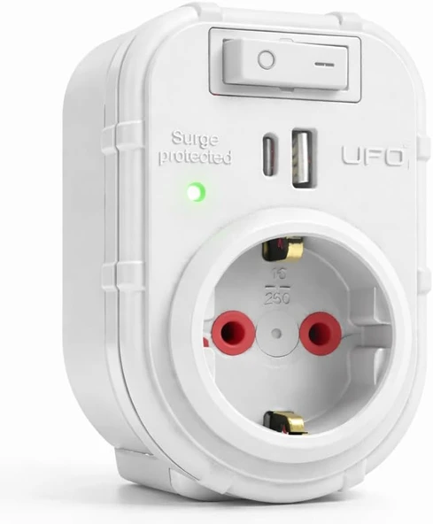 Ufo Yeni Tekli Akım Korumalı Priz, 5V 2,4A Usb Type-C Ile Hızlı Şarj, Anahtarlı Topraklı Priz, Sürekli Koruma, 16 A 250 V, 3500 W Aşırı Yük Koruması, Beyaz Renk ürün görseli 1