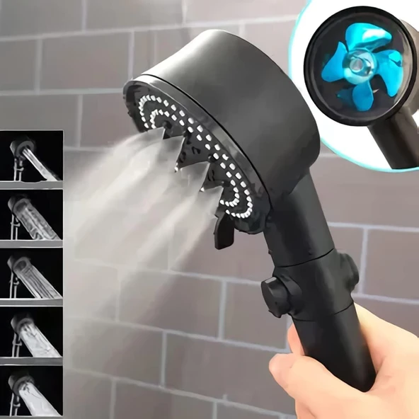 Jouis Duş Başliği Turbo Fan 5 Fonksiyonlu Duş Başlığı El Duşu Handshower, Siyah 1.Sınıf Kaliteli ürün görseli 1