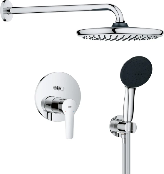 Grohe Start 250 - Duş Sistemi (250 Mm Duş Başlığı 1 Püskürtme Türü, El Duşu 2 Püskürtme, Evrensel Montaj Kutusu, 150 Cm Duş Hortumu), Yuvarlak, Krom, 25292000 ürün görseli 1