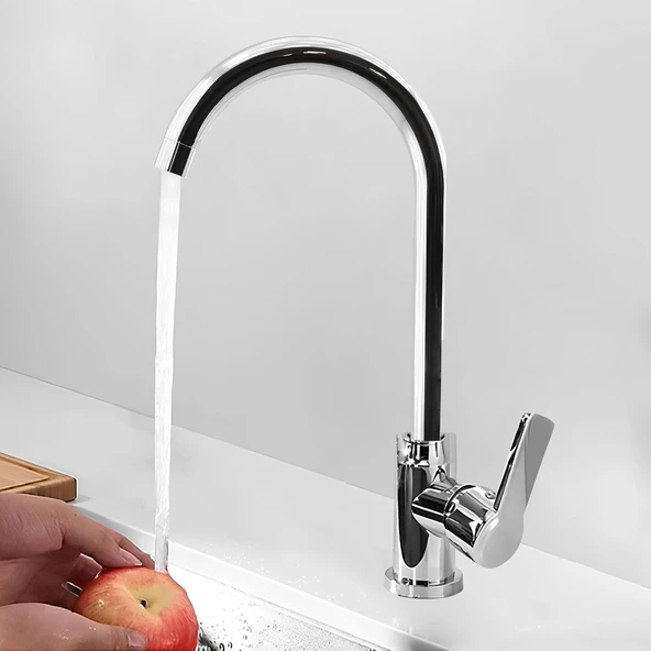 Uzun Kuğu Batarya Krom Lavabo Banyo Mutfak Musluğu Musluk Mermer Tezgah Üstü Çift Su Giriş Evye ürün görseli 1