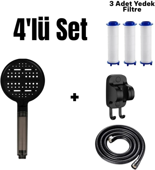 4'Lü Set 6 Fonksiyonlu Filtreli Duş Başlığı +3 Adet Yedek Filtre+ 150 Cm Duş Hortumu + Siyah Yapışkanlı Askı Aparatı ürün görseli 1