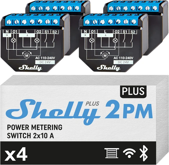 Shelly 2Pm | Wi-Fi Bluetooth 2 Kanallı Akıllı Röle Şalteri | Güç Tüketimi Ölçümlü Panjur Şalteri | Ev Otomasyonu | Google Alexa Aksesuarı | Ios Android Uygulaması (4'Lü Paket) ürün görseli 1