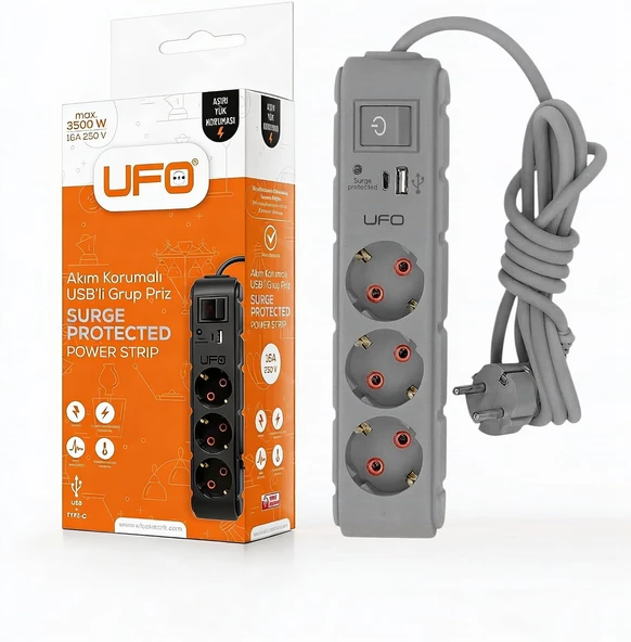 Ufo Yeni 3Lü Akım Korumalı Grup Priz 0,5 Metre Bakır Kablolu, 5V 2,4A Usb Type-C Ile Şarj, Anahtarlı Topraklı Priz, Sürekli Koruma, 16A 250V, 3500W Aşırı Yük Koruması, 0,5M. Gri Renk ürün görseli 1