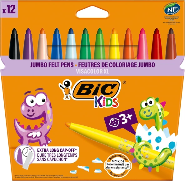 Bic Kids Visa Color Xl Keçeli Boya Kalemi 12 Renk, Su Bazlı Mürekkep, Kolayca Çoğu Kumaştan Çıkar, 3 Yaş Üzeri Çocuklar Için İdeal ürün görseli 1