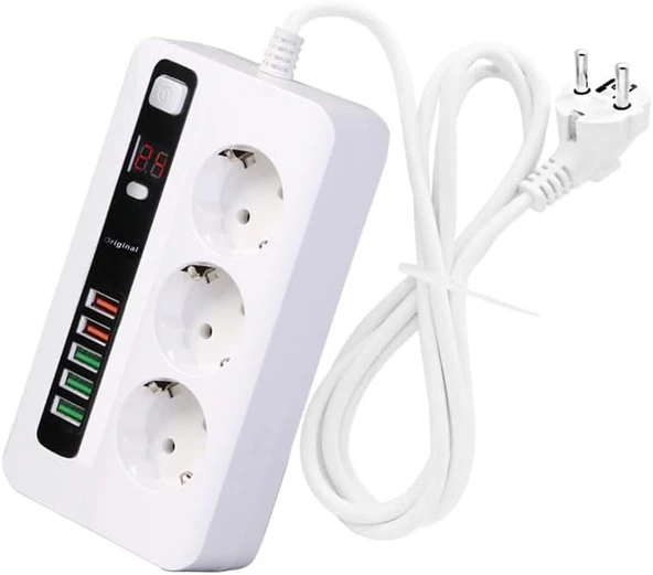 H-03 Üçlü Priz 5 Usb Portlu Akıım Korumalı Yangına Dayanıklı 3000 W On/Off Düğmeli 2 Metre Uzatma Kablolu 3'Lü Priz ürün görseli 1