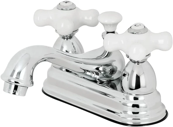 Brass Ks3601Px Restorasyon Porselen Çapraz Saplı 4 İnç Centerset Lavabo Bataryası, Parlak Krom ürün görseli 1