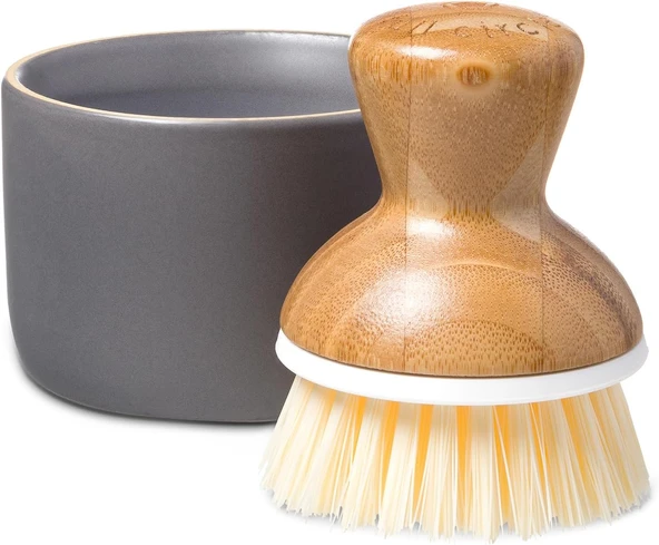 Full Circle Bubble Bis Keramik Seifenspender & Scrubber Schwamm Set, Weiß, Grau/Weiß, Dish Brush + Dispenser ürün görseli 1