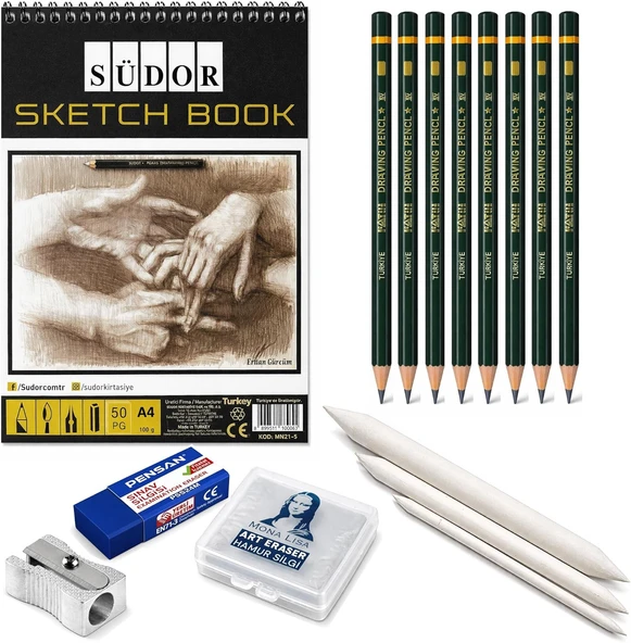 Eskiz Set A4 50 Yaprak Eskiz Defteri Hamur Silgi Sınav Silgisi Kalemtıraş 3’Lü Pastel Dağıtıcı (Gölgelendirme Kalemi) 7 Adet Dereceli Kalem Sanatsal Çizim Eskiz Seti Karakalem Teknik Çizim ürün görseli 1