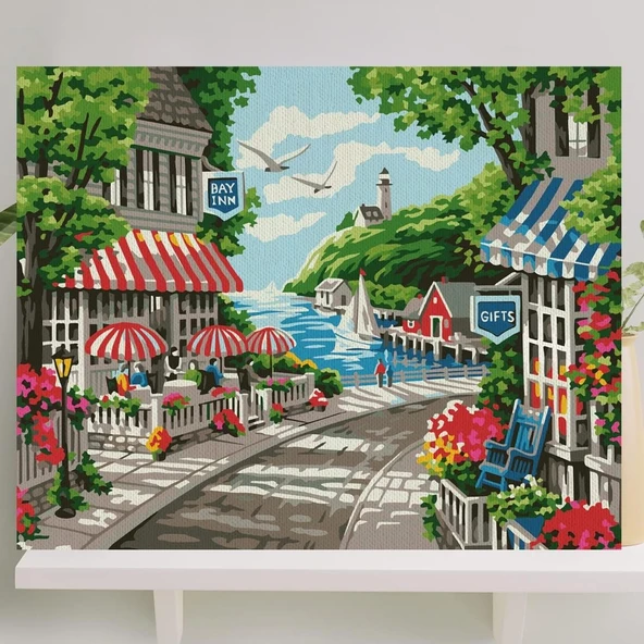 Sayılarla Boyama Tuval Seti Fırça Boya Dahil (Çıtalı) 40X50 Cm - Sahil Kasabası ürün görseli 1