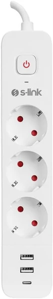 S-Link Spg03Tc 2 Usb +1Type C 5V2.4A 1.5M 3X1.00Mm 100% Bakır 750 Joule 3 Lü Anahtarlı Akım Korumalı Beyaz Priz ürün görseli 1
