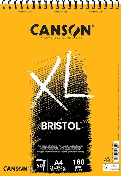 Canson Xl, Bristol Kağıt, Çok Pürüzsüz Kağıt, 180 G/M², Kısa Kenarda Spiral Ciltli Blok, Din A4 21 X 29,7 Cm, Ekstra Beyaz, 50 Yaprak ürün görseli 1