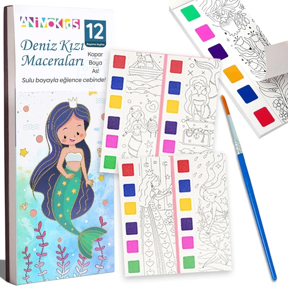 Animokids Renk Paletli Sulu Boya Kitabı + Fırça, 12 Sayfa Boyama Kitabı, Aktivite Boyama Seti, Çocuklar Için Yeni Nesil Sulu Boya Defteri (Deniz Kızı) ürün görseli 1