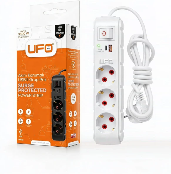 Ufo Yeni 3Lü Akım Korumalı Grup Priz 0,5 Metre Bakır Kablolu, 5V 2,4A Usb Type-C Ile Şarj, Anahtarlı Topraklı Priz, Sürekli Koruma, 16A 250V, 3500W Aşırı Yük Koruması, 0,5M. Beyaz Renk ürün görseli 1