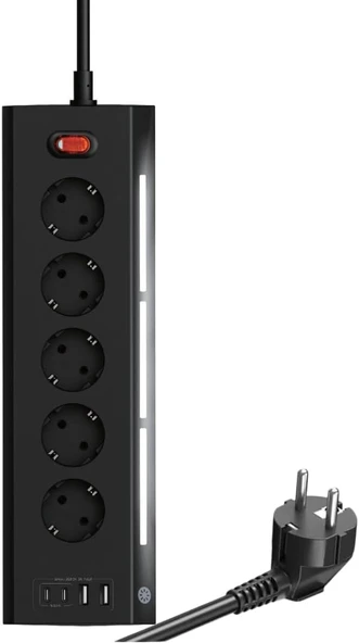Vetech Akım Korumalı Priz, 5 Girişli, 2X Usb + 2X Type-C Çıkışlı, Led Işıklı, 2 Metre Kablo, Masaüstü Kullanım (Siyah) ürün görseli 1