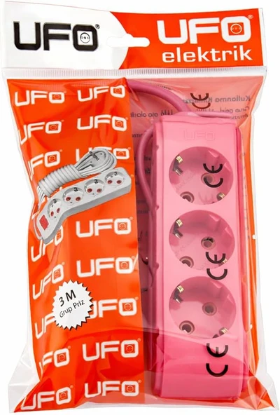 Ufo 3Lü 3 Metre Topraklı Grup Priz, 16A 250V, Üçlü Uzatma Kablosu Fuşya Renk ürün görseli 1
