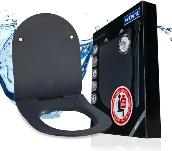 Wenko Klozet Oturağı "Sedilo", Antibakteriyel Duroplastikten Yapılmış Ekstra Düz Oturak, Easy-Close Otomatik Indirme Tertibatı, Paslanmaz Çelikten Yapılmış Fix-Clip Hijyenik Sabitleme, Mat Gr ürün görseli 1