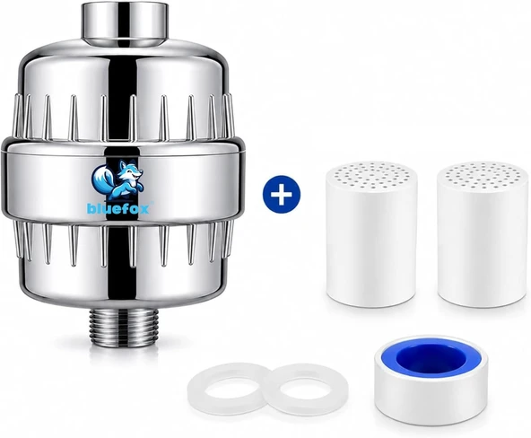Bluefox Silver Duş Filtresi + 2 Yedek Kartuş – Kdf 55 & Aktif Karbonlu Su Arıtma Filtresi, Klor Ağır Metal Azaltıcı, Saç & Cilt Dostu, Evrensel Uyumlu ürün görseli 1