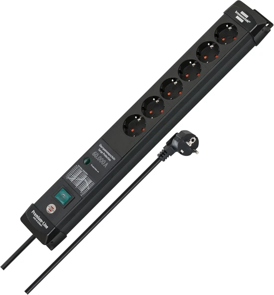 Brennenstuhl Premium-Line 6'Lı Grup Priz, 60.000 A'Ya Kadar Yüksek Gerilim Korumalı (Anahtarlı 5 M Kablolu Çoklu Priz, Duvar Montajı, Alman Malı) Siyah ürün görseli 1