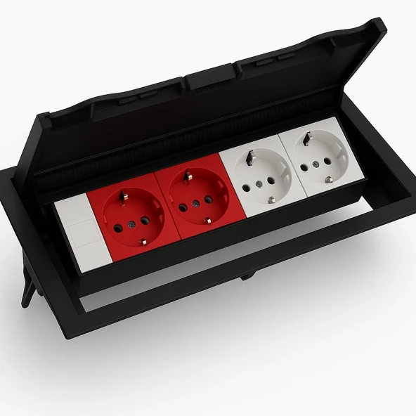 Masa Üstü Kapaklı Priz Kutusu – 2 Şebeke, 2 Ups, 1 Data Prizi Dahil – Abs Kırılmaz Siyah Plastik – Gömme Tip – 12,5X25,2 Cm Kesim – 14,2X27 Cm Dış Çap Ne-Ad ürün görseli 1