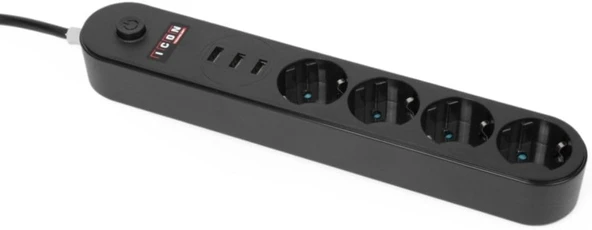 Akım Korumalı 4'Lü Priz 3 Port Usb Çoklu Grup Priz 2 Metre Kablo 10A - Siyah ürün görseli 1