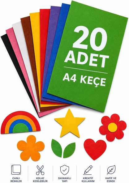 Keçe Karışık Renk 20 Adet - A4 Boyutunda 20X30 Cm. ürün görseli 1