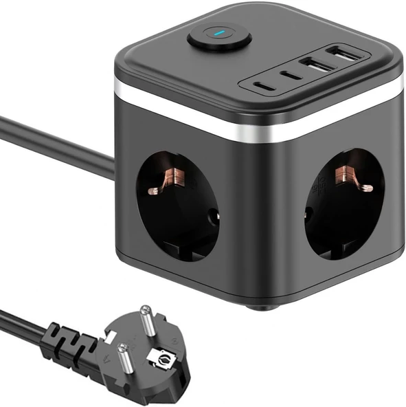 3680W Power 2Xtype-C 2X Usb Girişli Anahtarlı 3Lü Çoğaltıcı Küp 2Mt Kablolu Priz ürün görseli 1