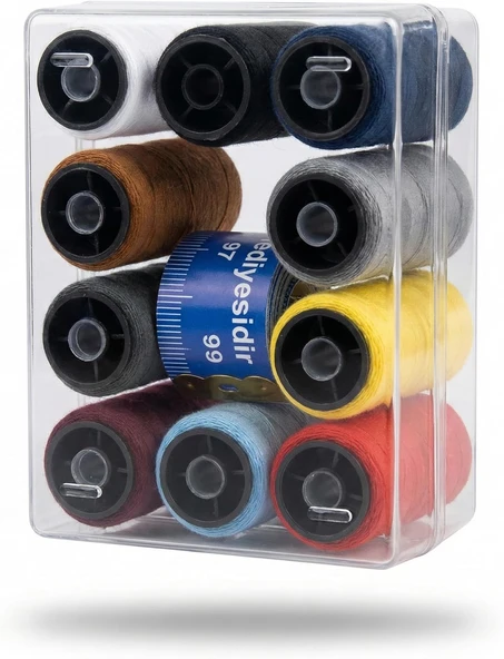 Smartizi 10 Renk Dikiş İpliği Seti (Toplam 1000 Metre) - Kutulu Mezura Hediyeli Polyester Makara Seti - Dikiş Makinesi El Dikişi İçin Dayanıklı Renkli İplik Kiti ürün görseli 1