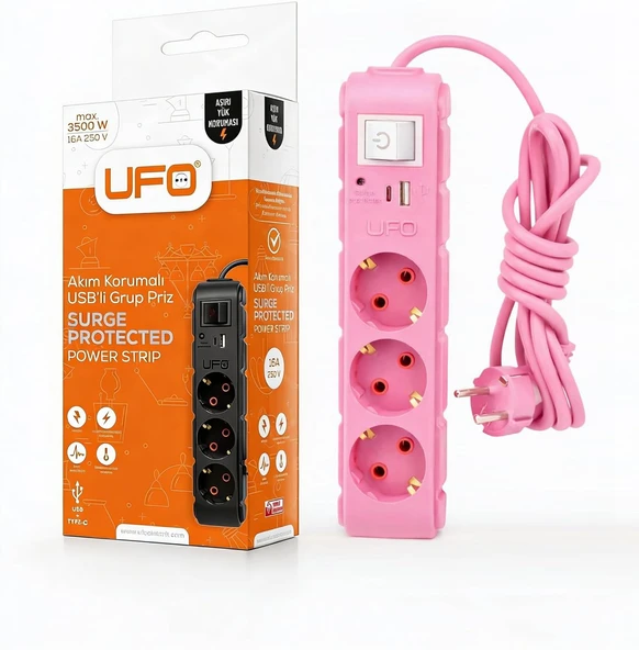 Ufo Yeni 3Lü Akım Korumalı Grup Priz 0,5 Metre Bakır Kablolu, 5V 2,4A Usb Type-C Ile Şarj, Anahtarlı Topraklı Priz, Sürekli Koruma, 16A 250V, 3500W Aşırı Yük Koruması, 0,5M. Pembe Renk ürün görseli 1
